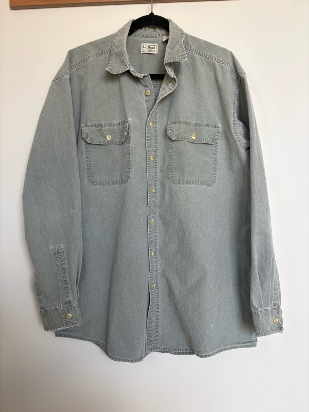 Vintage LL Bean Large Tall Work Shirt Faded Green, Cotton Button Down, Canada